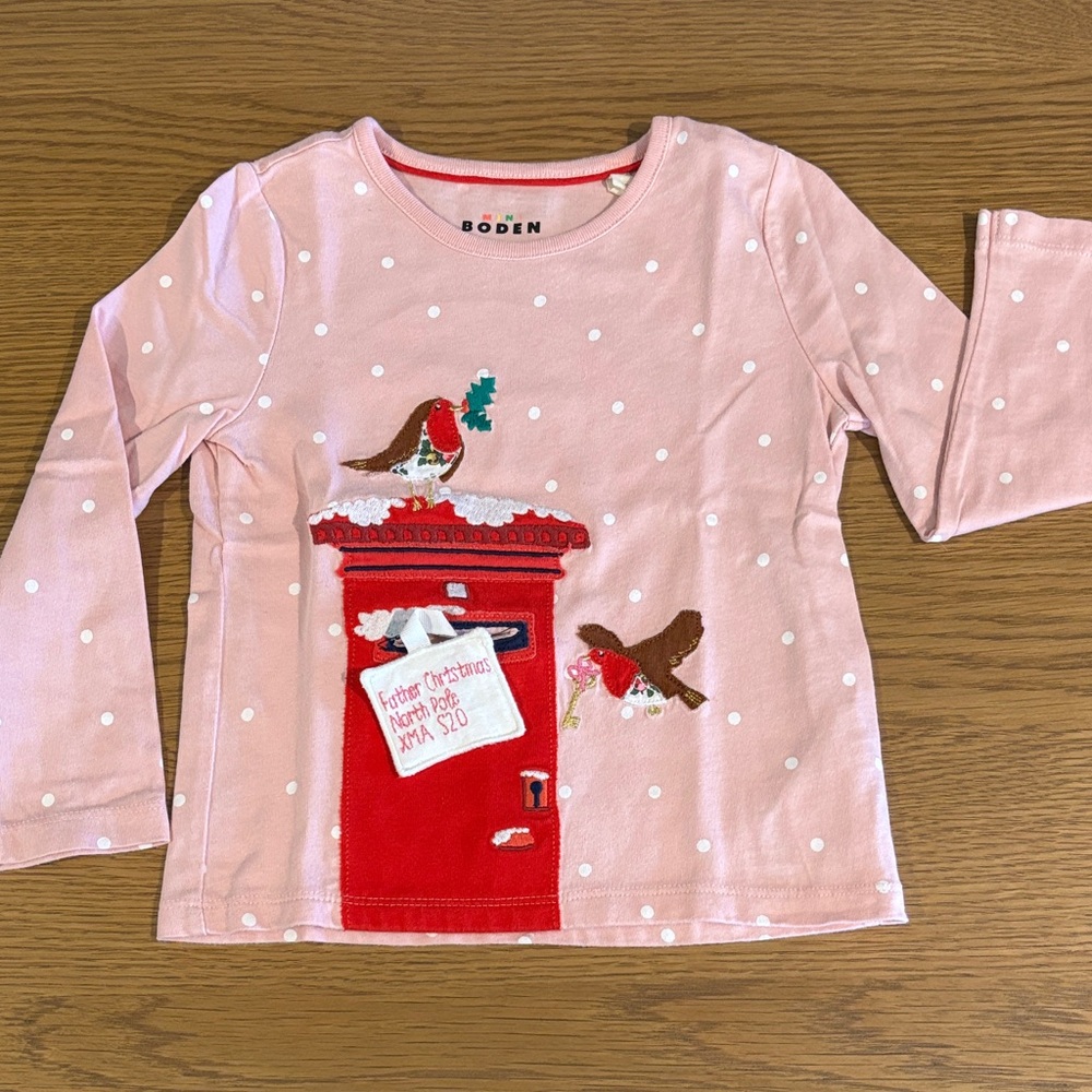 Boden Pink Long Sleeve Tee with Festive Bird Design